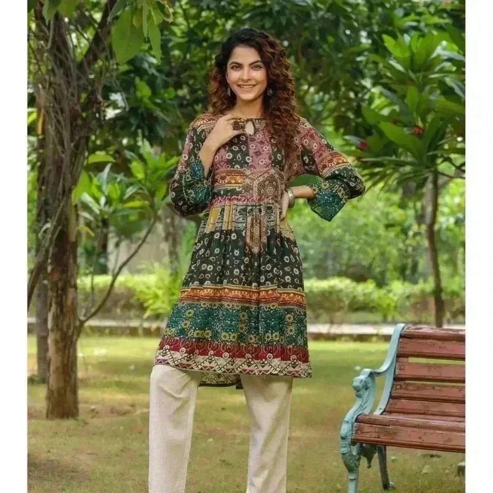 Rain & Rainbow Women’s Multi Ethnic Motifs Printed Bell Sleeves Kurta Size M